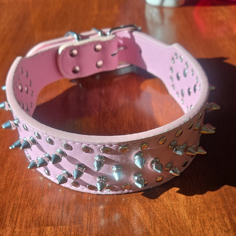Pink Spiked Leather Collar
